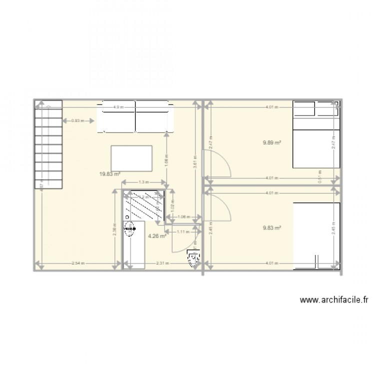 comble 2 . Plan de 4 pièces et 44 m2