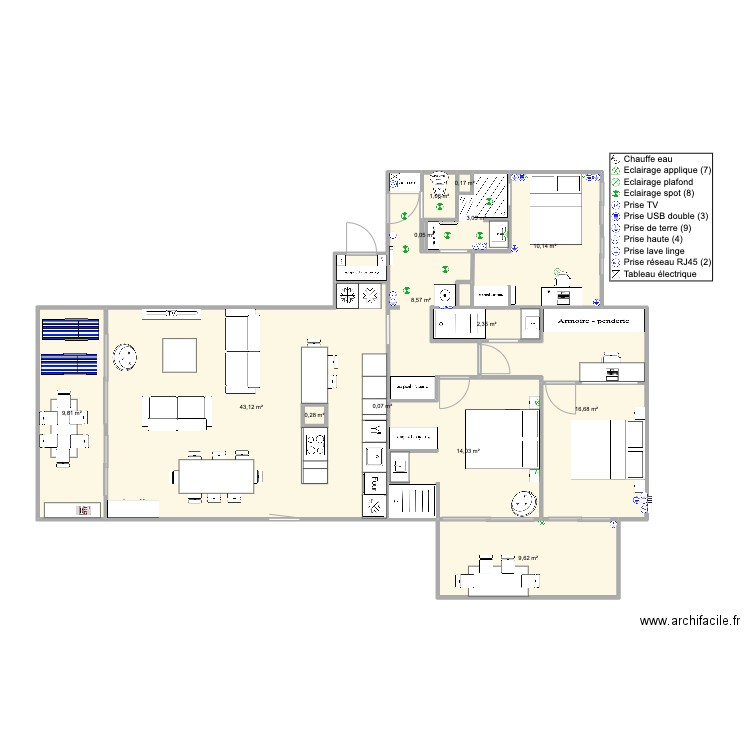 Santa Clara 2 face mer version famille V3. Plan de 14 pièces et 119 m2