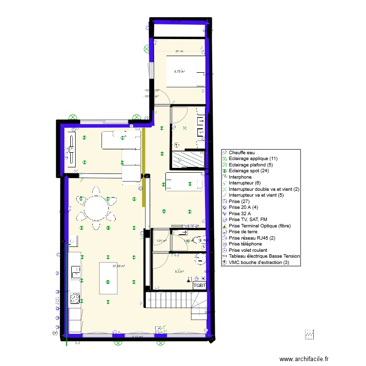 rdc. Plan de 19 pièces et 55 m2