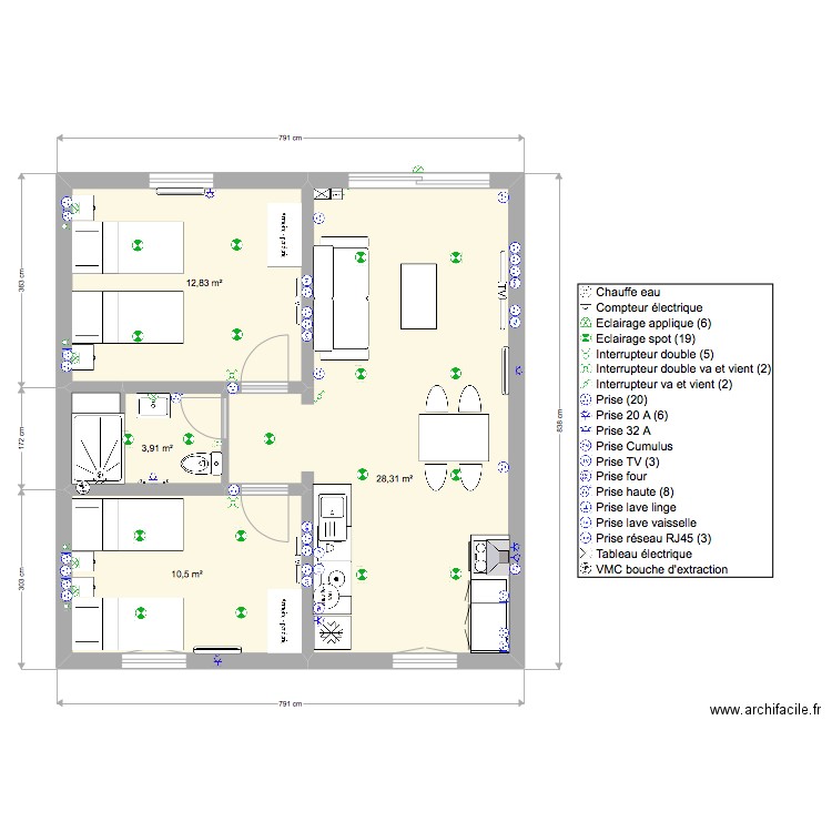 Sous-Sol - EDOUARD. Plan de 4 pièces et 56 m2