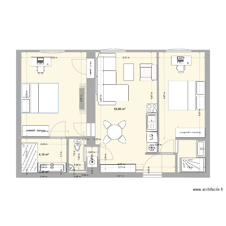 28 FelixViallet - Plan T4. Plan de 3 pièces et 60 m2