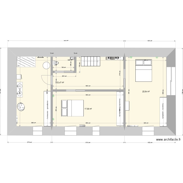 1er étage 2 chambres. Plan de 3 pièces et 72 m2