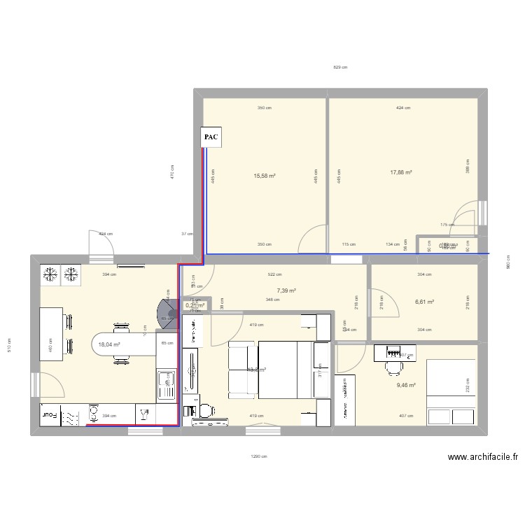 RDC. Plan de 9 pièces et 89 m2