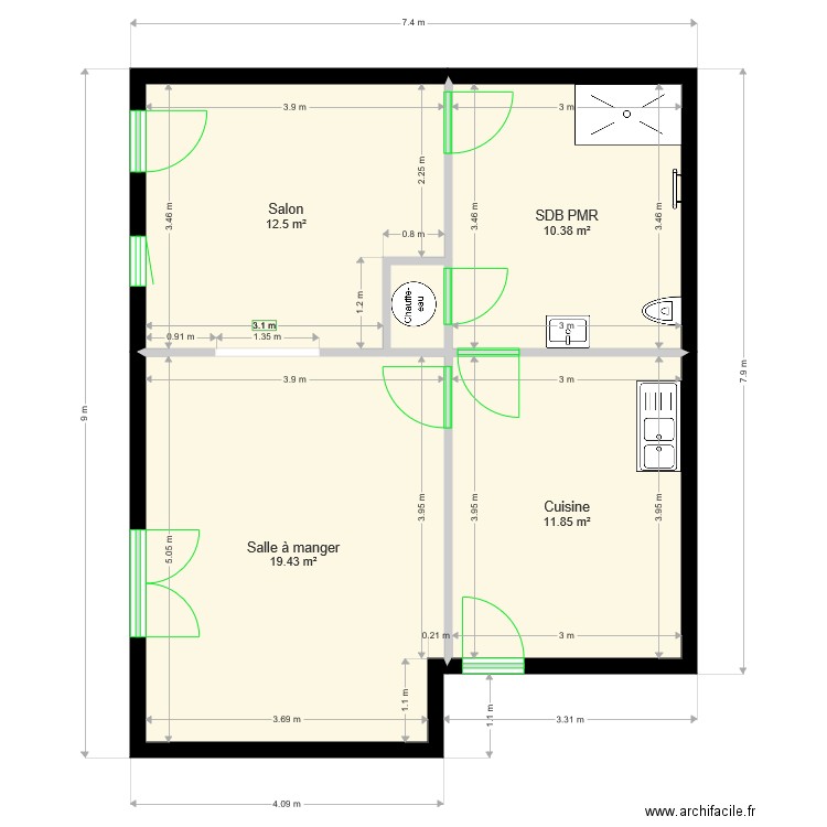 Plan projet avec option SDB PMR. Plan de 0 pièce et 0 m2