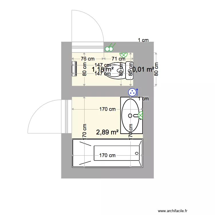 Cauderan Salle de bain WC &eacute;lectricit&eacute; existant. Plan de 