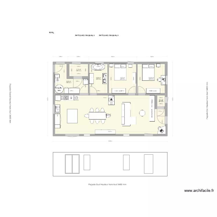 fa&ccedil;ade sud porte centr&eacute;e. Plan de 