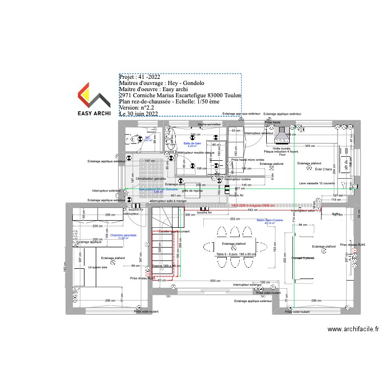 projet rez-de-chaussée Hey sans escalier rdj. Plan de 5 pièces et 67 m2