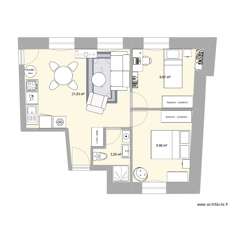 6Tunnel3. Plan de 4 pièces et 44 m2