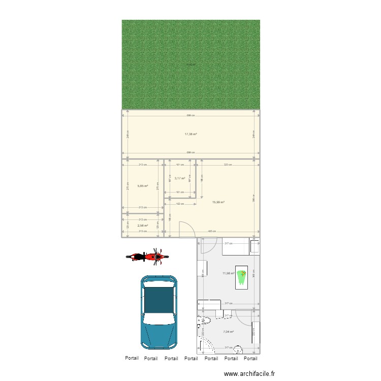 17 cm² RDC aménagé. Plan de 7 pièces et 64 m2