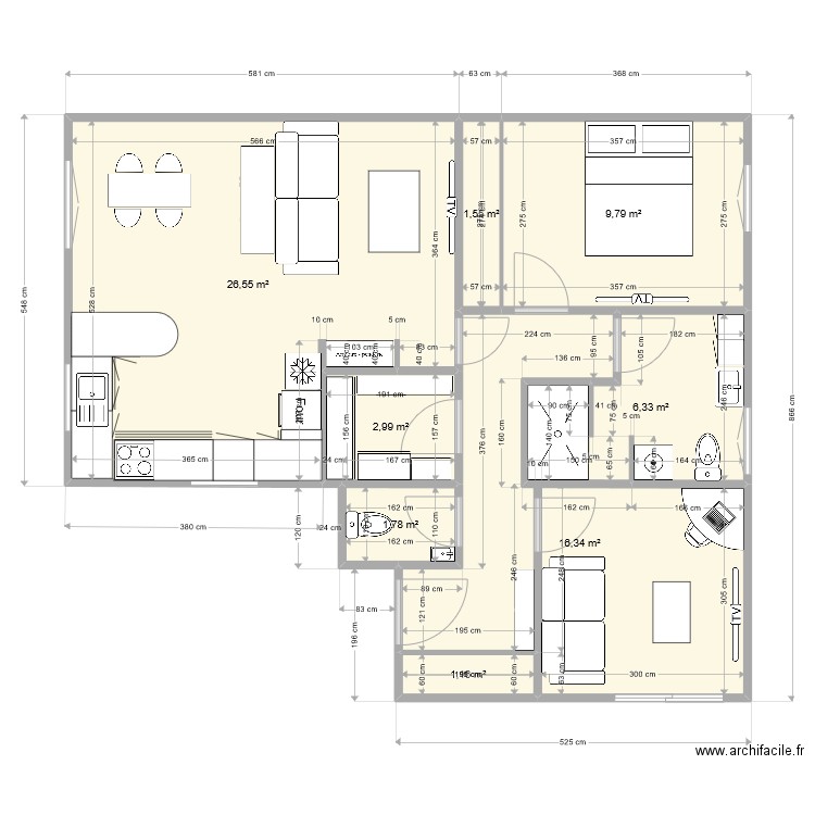 garage +extension. Plan de 8 pièces et 67 m2