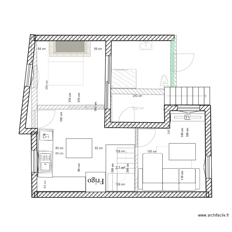 Projet Nouvelles cotes. Plan de 2 pièces et 6 m2
