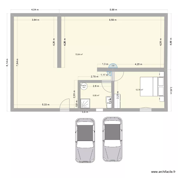 plain pied. Plan de 3  et 91 m²