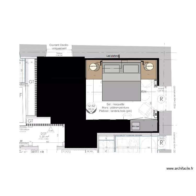 Chambre 5  Faux plafond. Plan de 