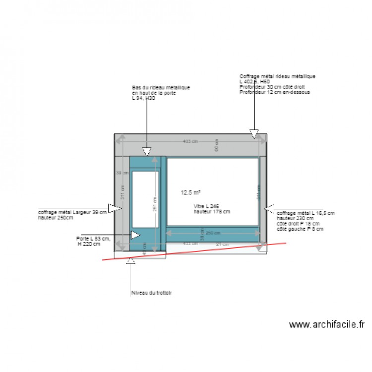 Plan de coupe façade extérieure boutique. Plan de 0 pièce et 0 m2