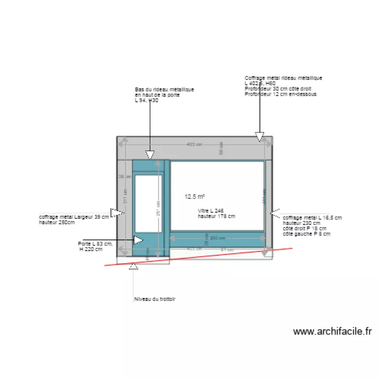 Plan de coupe fa&ccedil;ade ext&eacute;rieure boutique. Plan de 