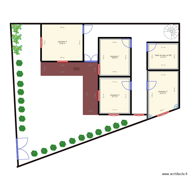 1 ère étage . Plan de 6 pièces et 59 m2