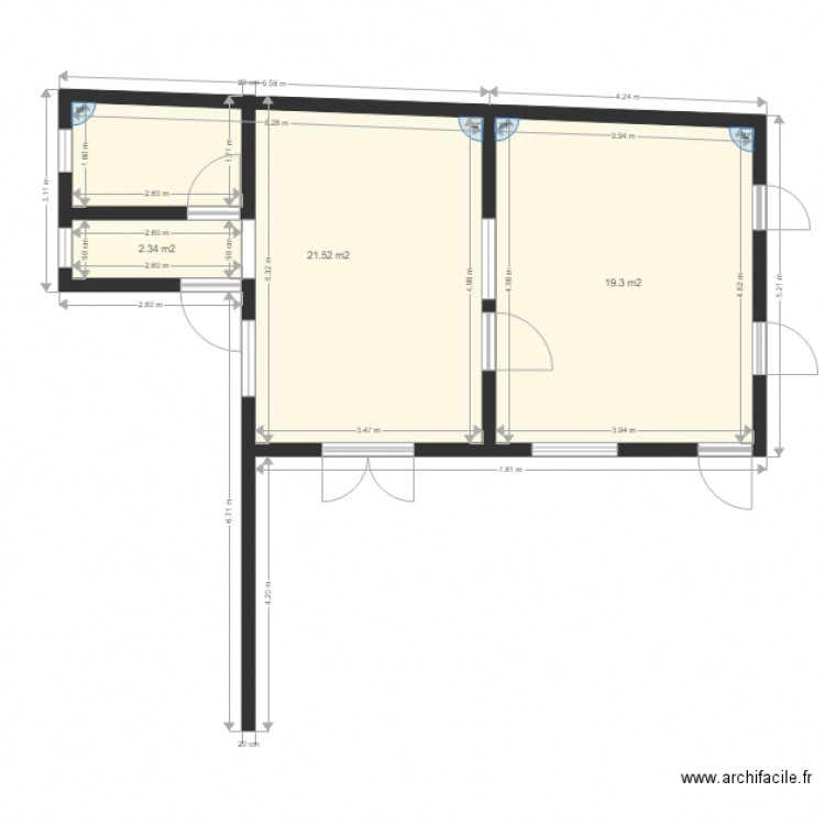 Atelier. Plan de 3 pièces et 43 m2