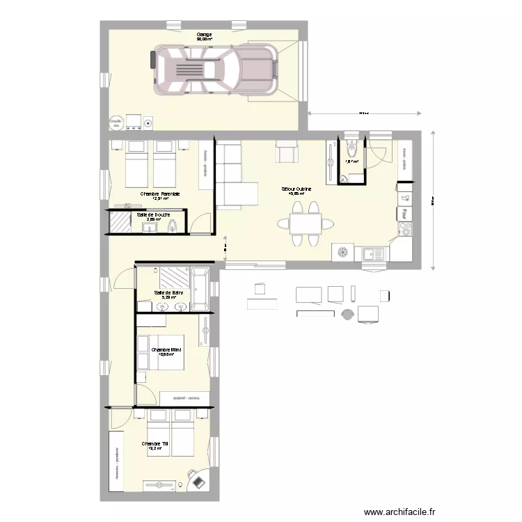 Maison Plein pied en L2. Plan de 