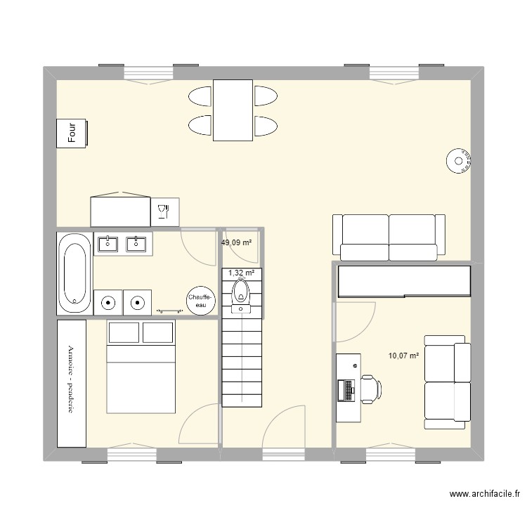 Plan Numéro 5 V1. Plan de 3 pièces et 60 m2