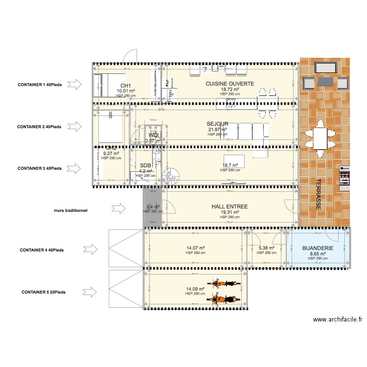 PLAN MAISON CONTAINER positionnement . Plan de 0 pièce et 0 m2