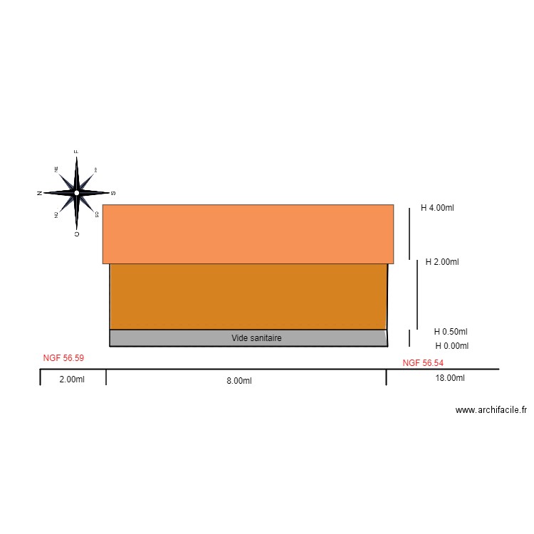 Facade OUEST jc. Plan de 2 pièces et 16 m2