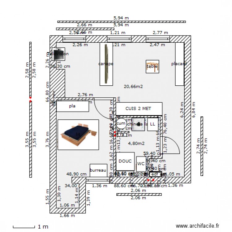 miraille 2) etage cote cour renove 2° VERS  3 AVEC MEUBLE FORM T2  NOEL bis c. Plan de 0 pièce et 0 m2