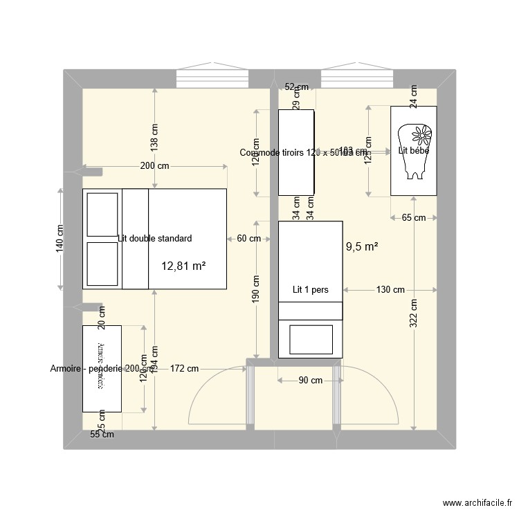 Chambres. Plan de 2 pièces et 22 m2