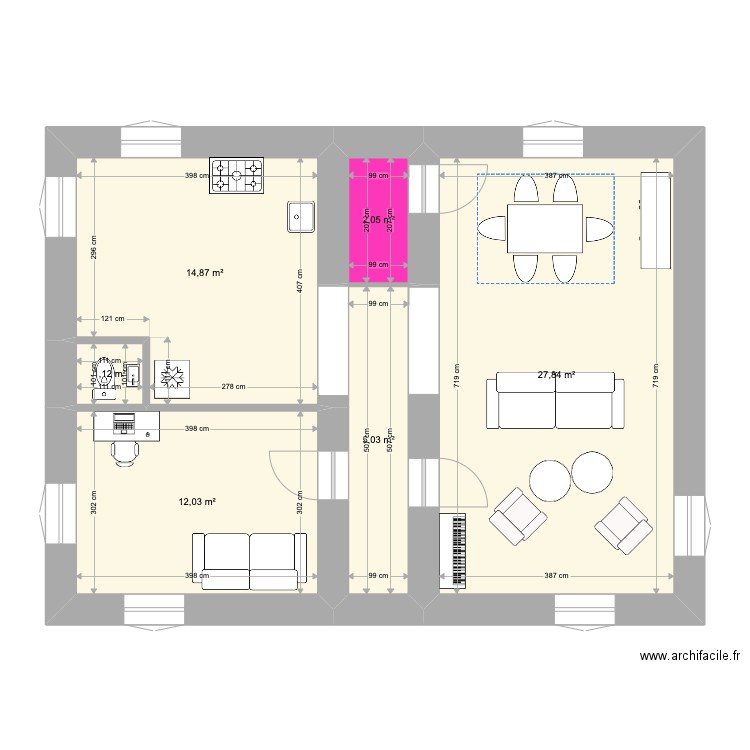 plan RDC - option cuisine optimisée. Plan de 6 pièces et 63 m2