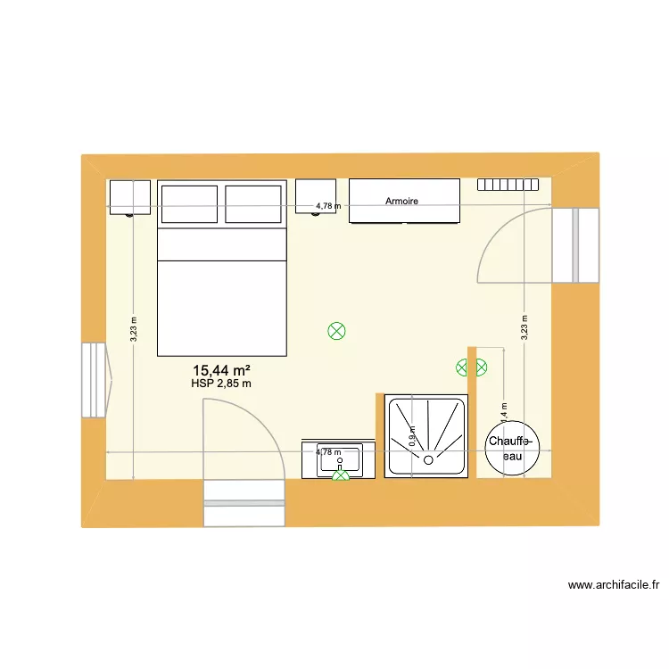 Chambre Annie. Plan de 1  et 15 m²