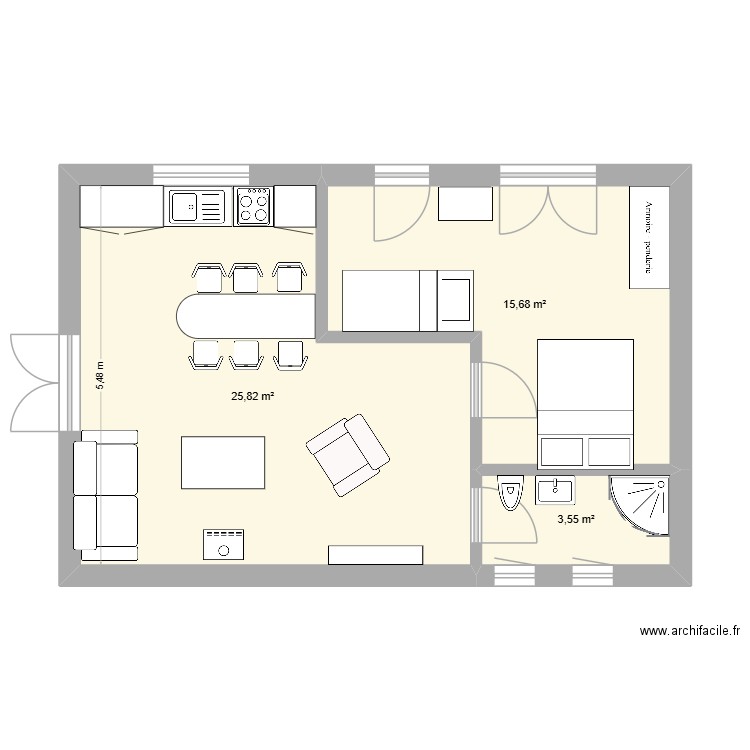 petite maison 2. Plan de 3 pièces et 45 m2