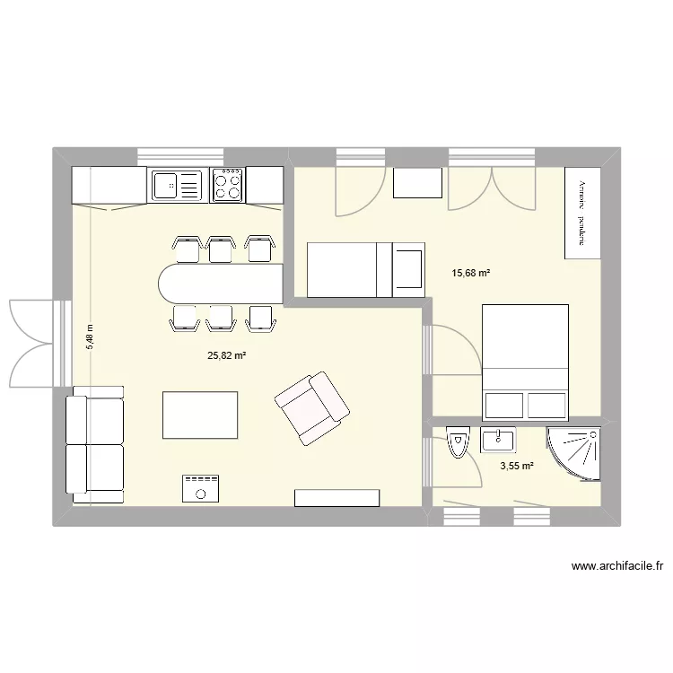 petite maison 2. Plan de 3 pièces et 45 m²