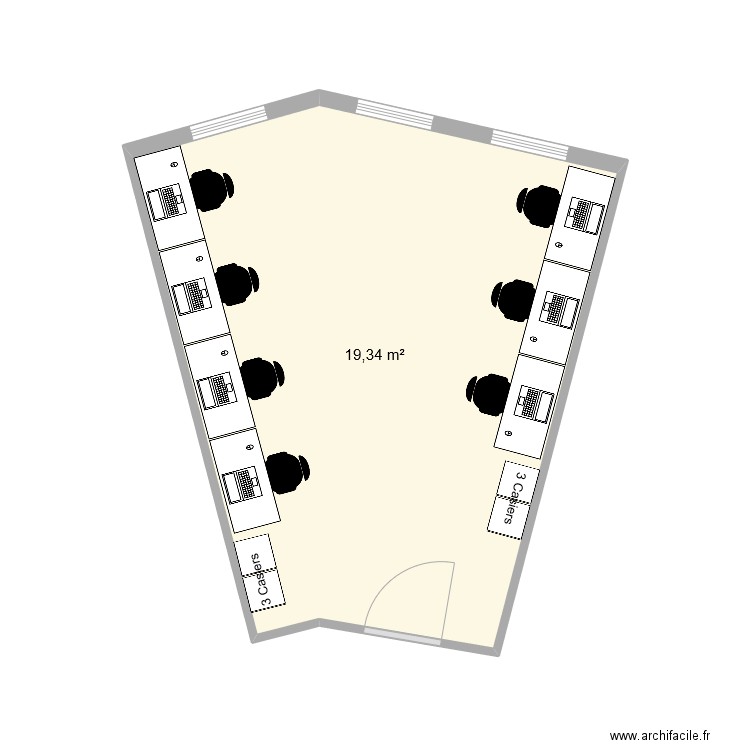 Bureau 514 avec plans de travail et bureaux. Plan de 1 pièce et 19 m2