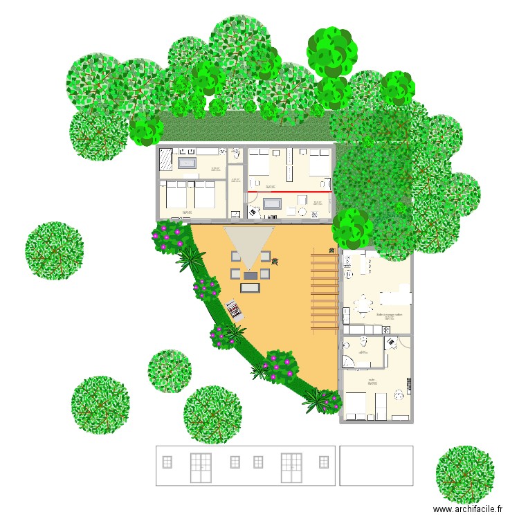 cuisine et chambre terrasse. Plan de 9 pièces et 108 m2