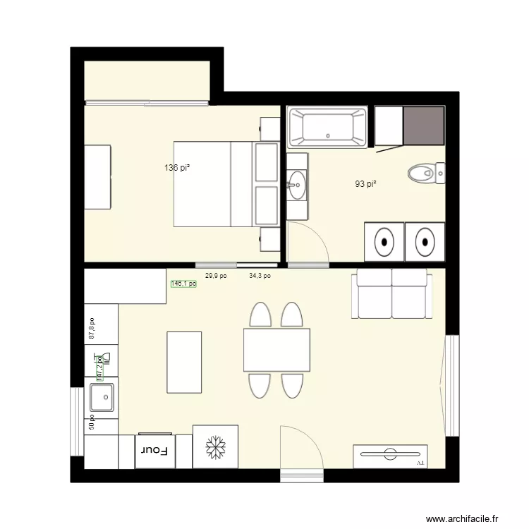appartement plan 3 avec ilot. Plan de 