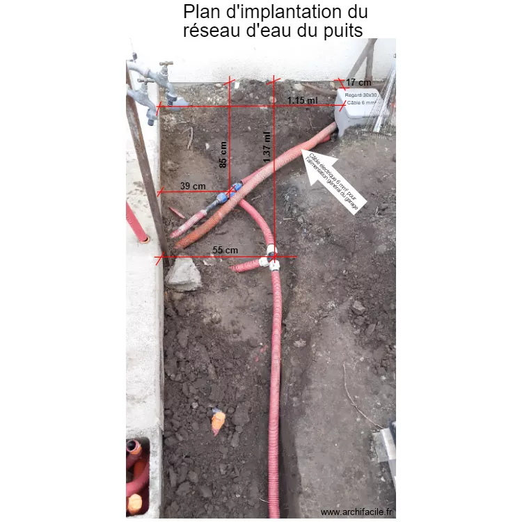 Eau du puits implantation du r&eacute;seau. Plan de 
