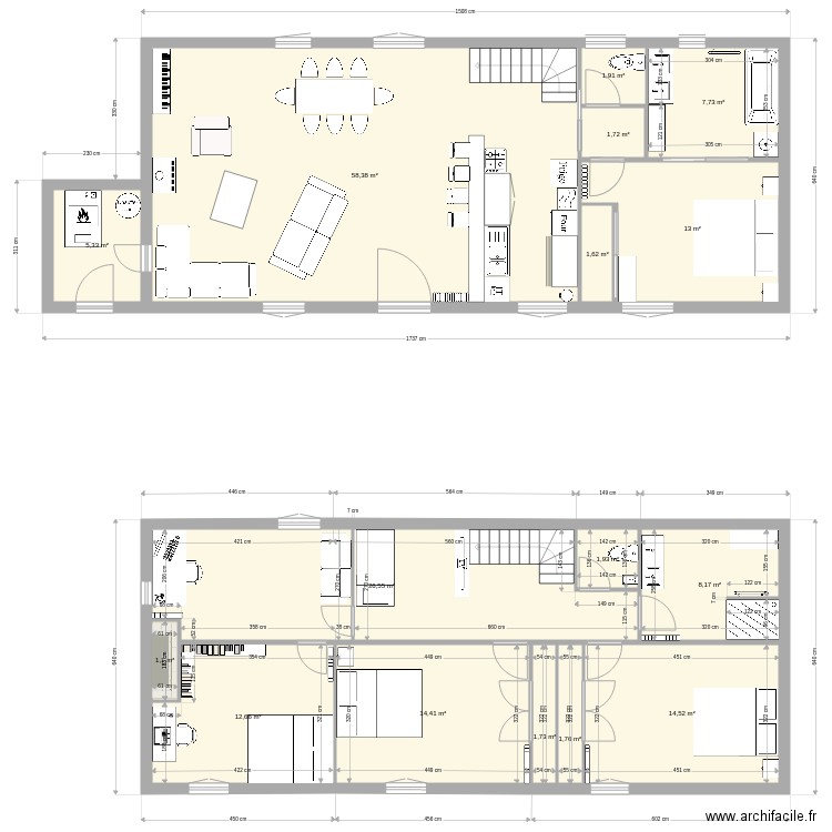 RDC. Plan de 16 pièces et 173 m2