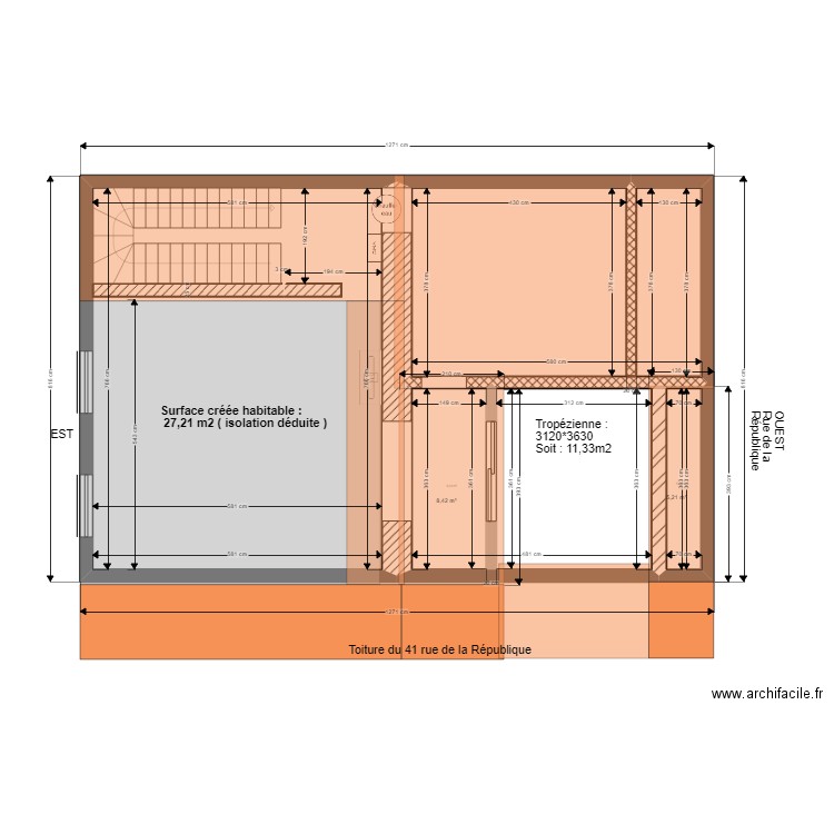 combles DP2. Plan de 4 pièces et 85 m2