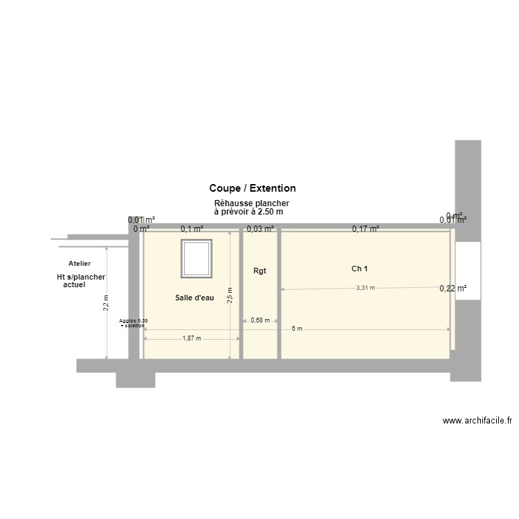 Coupe  extension R de C;. Plan de 11 pièces et 15 m2