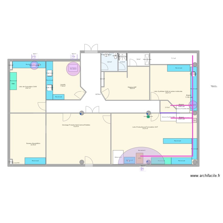 Labo RDC-aménagement argon. Plan de 16 pièces et 261 m2
