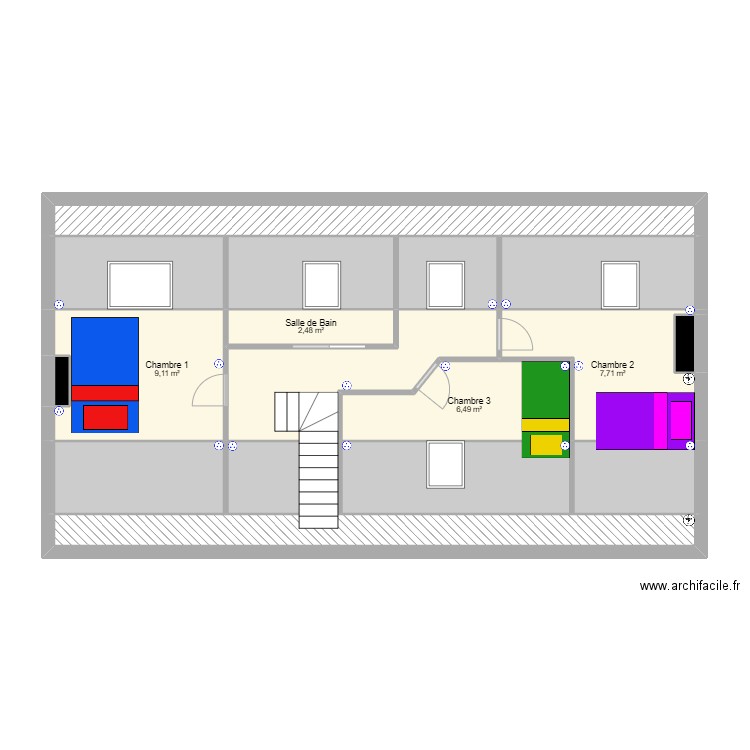 Etage. Plan de 17 pièces et 90 m2