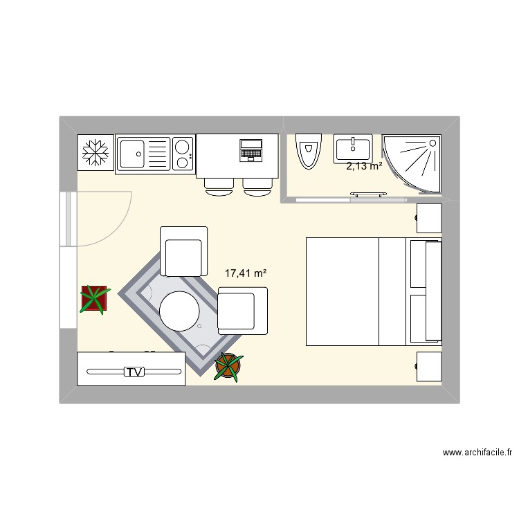 Bnb1. Plan de 2 pièces et 20 m2