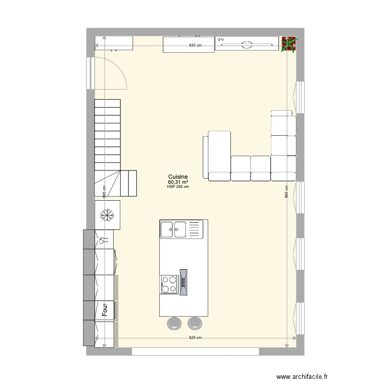 Cuisine / Salon RP. Plan de 1 pièce et 60 m2