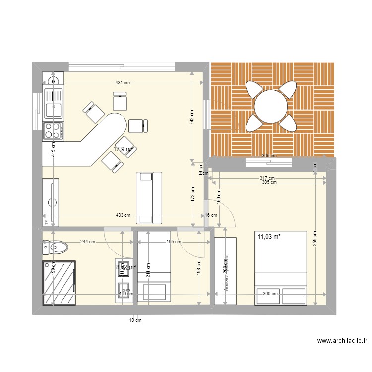 Studio - Plan N°1. Plan de 3 pièces et 38 m2