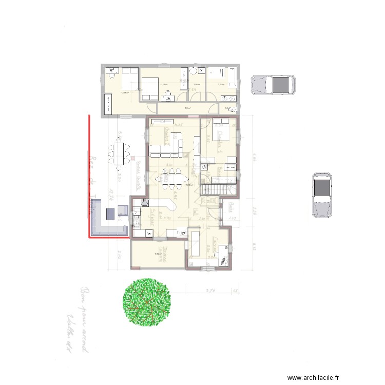 plan maison avec extension 2. Plan de 9 pièces et 133 m2