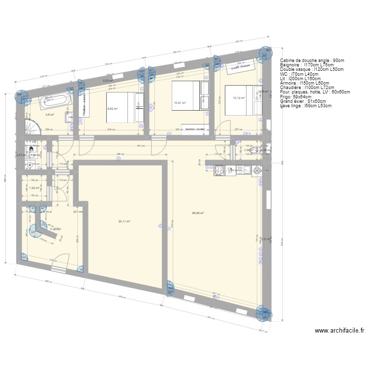 Plan RDC Appart 1 avec prises + cuisine v4. Plan de 16 pièces et 126 m2