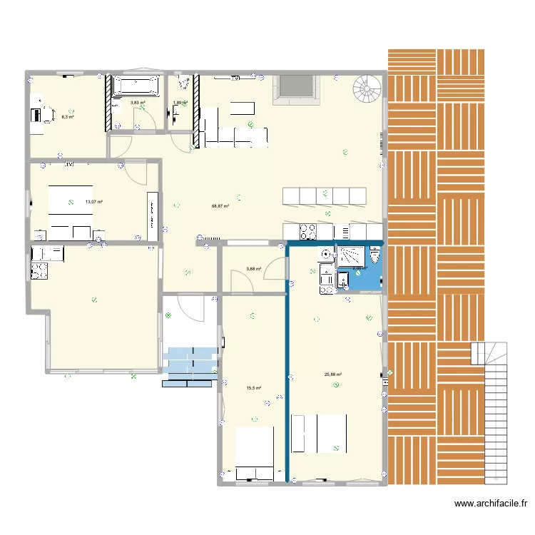 plan h&eacute;singue 3 chambres avec F2 ok. Plan de 
