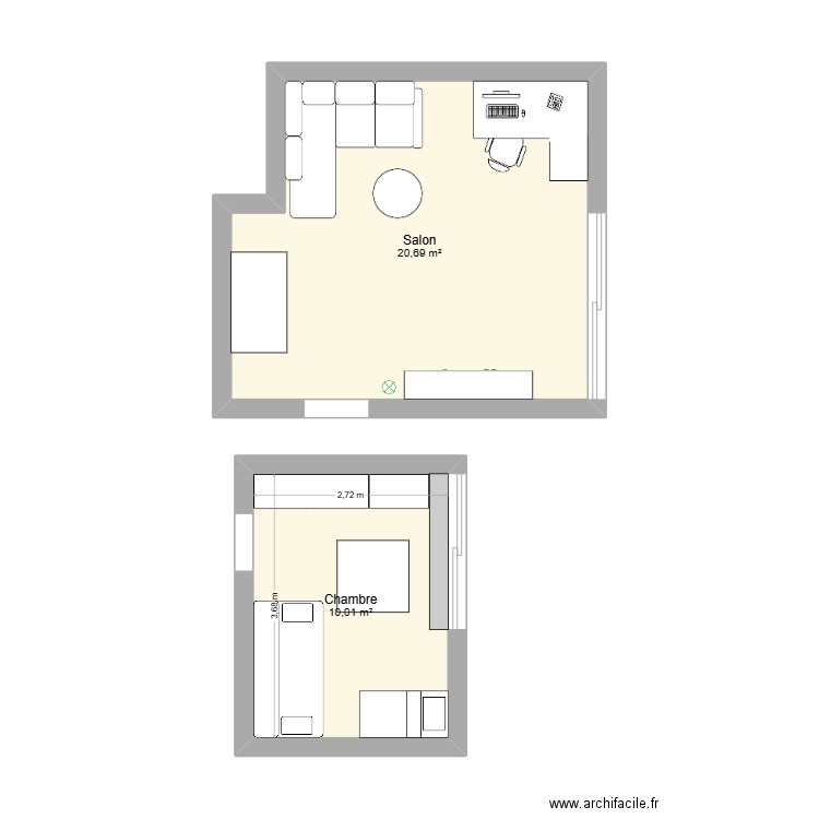 salon quai dervaux. Plan de 2 pièces et 31 m2