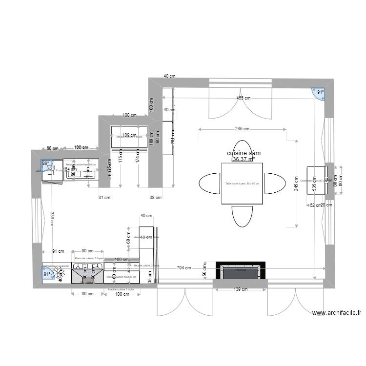 cuisine. Plan de 1 pièce et 36 m2