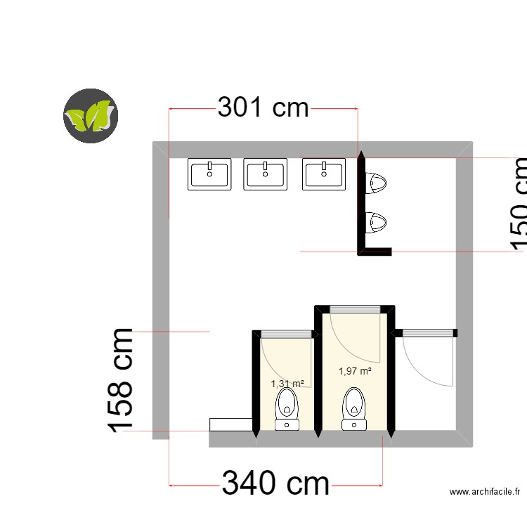 bloc 201 avant. Plan de 2 pièces et 3 m2