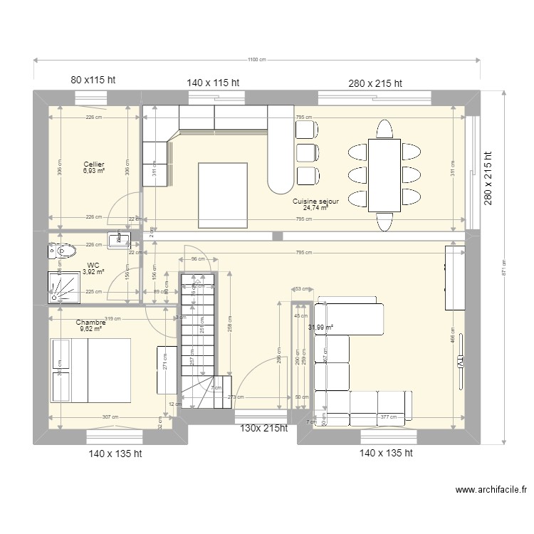 MOUHOUBI RDC. Plan de 5 pièces et 77 m2